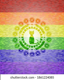 cat icon on mosaic background with the colors of the LGBT flag. 