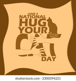 Cat icon with a pair of hands hugging the word "CAT" in frame on light brown background to celebrate National Hug Your Cat Day on June 4