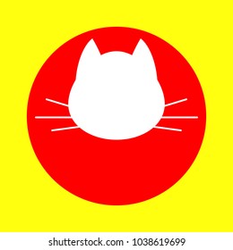 Cat icon. Pet shop or veterinary emblem. Vector. White flat icon inside red circle at yellow background. Isolated.