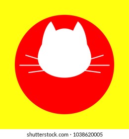 Cat icon. Pet shop or veterinary emblem. Vector. White flat icon inside red circle at yellow background. Isolated.