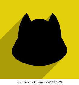 Cat icon. Pet shop or veterinary emblem. Vector. Flat black icon with with semitransparent shadow on citrine background.