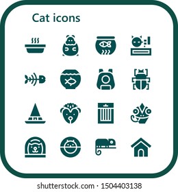 cat icon set. 16 filled cat icons.  Collection Of - Cat, Hamster, Fish bowl, Meow, Fish bone, Pet, Fleas, Witch, Hedgehog, Treats, Chameleon, Hamster ball, Dog house