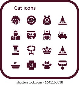 cat icon set. 16 filled cat icons.  Simple modern icons such as: Hedgehog, Hamster ball, Pet, Witch, Veterinarian, Fish bowl, Fleas, Mouse toy, Scratcher, Collar, Chameleon, Cat