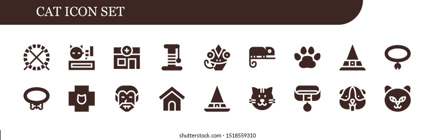 cat icon set. 18 filled cat icons.  Collection Of - Hamster ball, Meow, Veterinary, Scratcher, Chameleon, Pawprints, Witch, Collar, Dracula, Dog house, Cat, Hamster icons