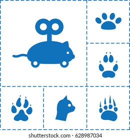 Cat icon. set of 6 cat filled icons such as animal paw, mouse toy, paw