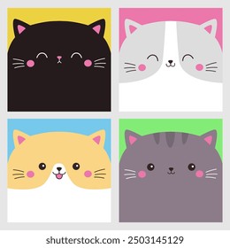 Katzensymbol-Set. Schwarz, weiß, grau, orange Kätzchen. Kawaii. Netter Cartoon-Charakter. Lustiger Gesichtskopf. Andere Emotionen. Traurig, glücklich und wütend. Liebeskarten-Banner. Flaches Design. Farbiger Hintergrund. Vektorgrafik