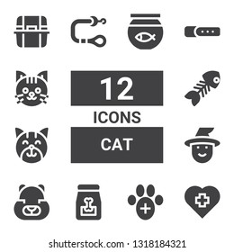 cat icon set. Collection of 12 filled cat icons included Veterinary, Dog food, Hamster, Witch, Cat, Fish bone, Leash, Collar, Litter box, Fish bowl