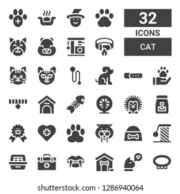 cat icon set. Collection of 32 filled cat icons included Collar, Cat, Dog house, Vampire, Veterinarian, Litter box, Scratching, Dog food, Saber toothed tiger, Paw, Veterinary