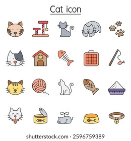 Cat icon set in color line style