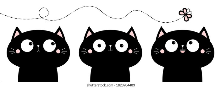 Cat icon set. Cute cartoon funny pet character. Flying butterfly. Funny kawaii animal. Notebook cover, tshirt, greeting card, sticker print. Different emotions. Flat design. White background. Vector