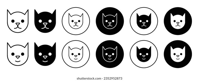 cat icon set. cute domestic cat face vector symbol. kitten head with smile in black filled and outlined style.