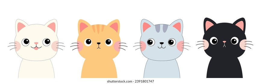 Cat icon set. Cute kitten, kitty face. Different breeds, colors, patterns. Pink cheeks. Cartoon kawaii funny baby character. Sticker print. Flat design. White background. Vector illustration
