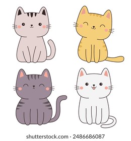 Cat icon set. Cute kitten sitting. Kitty funny face head. Contour line doodle. Different emotions, colors. Cartoon kawaii character. Sticker print. Childish style. Flat design. White background Vector