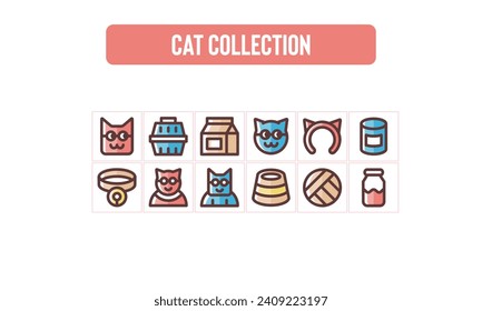 Cat Icon Set, Filled Outline Style.