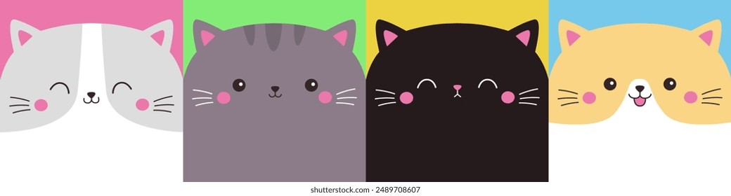 Cat icon set line. Black, white, gray, orange kitten. Cute cartoon character. Kawaii animal. Funny face head. Different emotion. Sad happy angry. Love card. Flat design. Colorful background. Vector