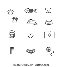 Cat icon symbol set isolated on white background. Elements of pet life. Line art vector illustration.
