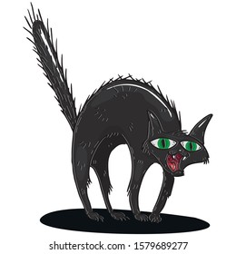 Cat icon. Vector illustration of a scared black cat. Hand drawn cartoon shaggy furry cat.