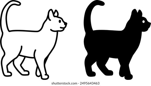 Cat Icons. Black and White Vector Icons of Graceful Walking Cat. Pet Concept