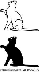 Iconos de gato. Ilustraciones vectoriales blancas y negras. Pequeño mamífero depredador. Gato Lindo Sentado Con La Pata Levantada. Para el diseño de libros para colorear. Concepto de mascotas