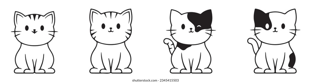 Cat icons collection. Kittens emoji symbols set. Black and white simple outline cats head emoticon pictures.EPS 10