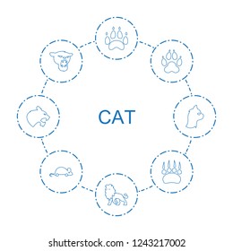 cat icons. Set of 8 line cat icons included paw, lion, animal paw, panther, mouse toy on circle background. Editable cat icons for web, mobile and infographics.