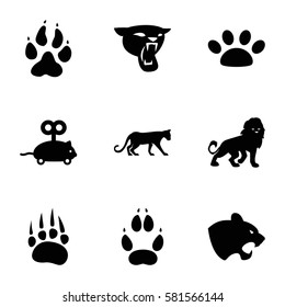 Cat Icons Set. Set Of 9 Cat Filled Icons Such As Animal Paw, Panther, Lion, Mouse Toy