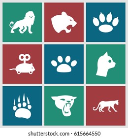 Cat icons set. set of 9 cat filled icons such as animal paw, panther, lion, mouse toy, paw