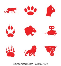Cat icons set. set of 9 cat filled icons such as animal paw, panther, lion, mouse toy, paw