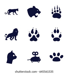Cat icons set. set of 9 cat filled icons such as animal paw, panther, lion, mouse toy, paw