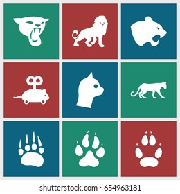 Cat icons set. set of 9 cat filled icons such as animal paw, panther, lion, mouse toy