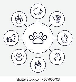 cat icons set. Set of 9 cat outline icons such as animal paw, lion, panther, mouse toy
