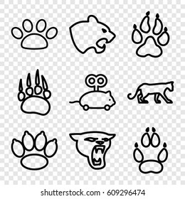 Cat icons set. set of 9 cat outline icons such as animal paw, panther, mouse toy