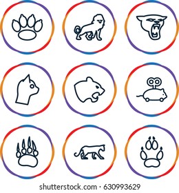 Cat icons set. set of 9 cat outline icons such as animal paw, panther, lion, mouse toy, paw