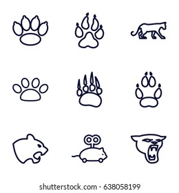 Cat icons set. set of 9 cat outline icons such as animal paw, panther, mouse toy