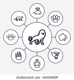 Cat icons set. set of 9 cat outline icons such as animal paw, panther, lion, mouse toy