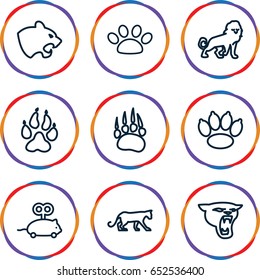 Cat icons set. set of 9 cat outline icons such as animal paw, panther, lion, mouse toy