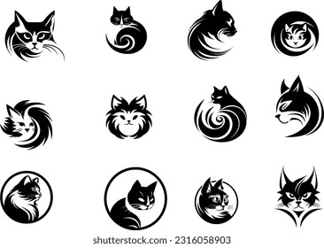 cat icons set, black and white design elements. vector illustration.