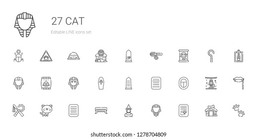 cat icons set. Collection of cat with egypt, egyptian, witch, fangs, pet food, cat food, collar, pawprints, dog house, animals, pet, pet shop. Editable and scalable cat icons.