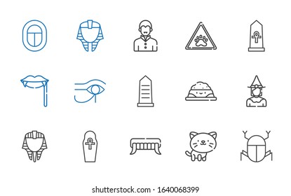 cat icons set. Collection of cat with egypt, fangs, egyptian, witch, pet food, paw, vampire. Editable and scalable cat icons.