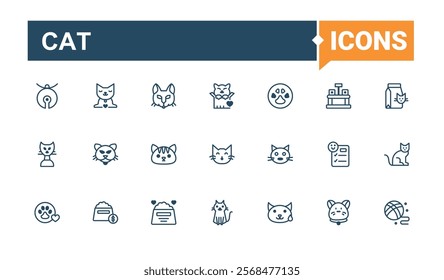 Cat icons set. Contains such icons as hand, bone, domestic, art, animal, pack and more. Perfect for logos and infographics. Outline and solid pictogram.