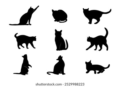 Cat icons set in fill style. Black cats sticker pack for design websites, applications or infographics.