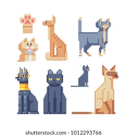 Cat icons set. Pixel art. Logo design template for pet shops, veterinary clinics and animal shelters homeless. Stickers design. 8-bit sprites. Isolated vector illustration. 