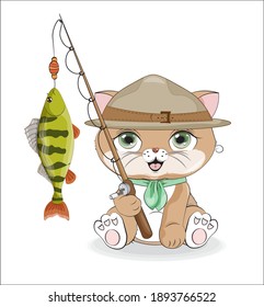 cat ilfisherman scout with perch on rod, picture in hand drawing cartoon style, for print design, greeting birthday card, postcard. baby shower. party invitation