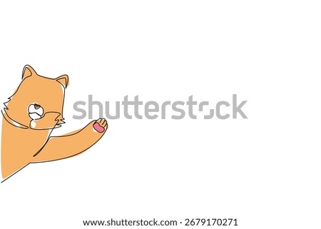 Cat illustrated in single line drawing style, raising its paw as though waving from behind a wall. This nature concept art connects with International Cat Day, celebrating pets as beloved companions.