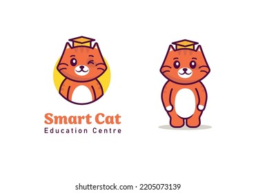 Cat Illustration In Cartoon Style. Suitable For The Logo Of A School Or Educational Center For Children