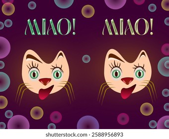 Cat illustration. cats icon. Graphic vector design of cats with open mouth and bubbly background. Cats with blue eyes.