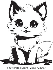 Ilustración de un gato para colorear libros. Dibujo lindo gato blanco y negro con ojos grandes para colorear. Furry Cat simple vector. Mammal. Animal. Vector de libro de coloreado
