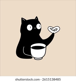 Cat Illustration with Cookie and Mug
