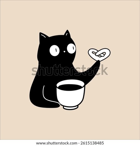 Cat Illustration with Cookie and Mug
