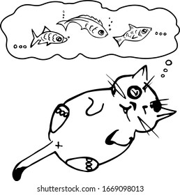 Cat illustration, domestic cat with its fishy dreams, funny cat character for prints on cards, t-shirts, posters, magnets, stickers